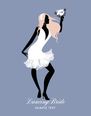 Elegant bride dancing with bouquet in hand. Vector Illustration