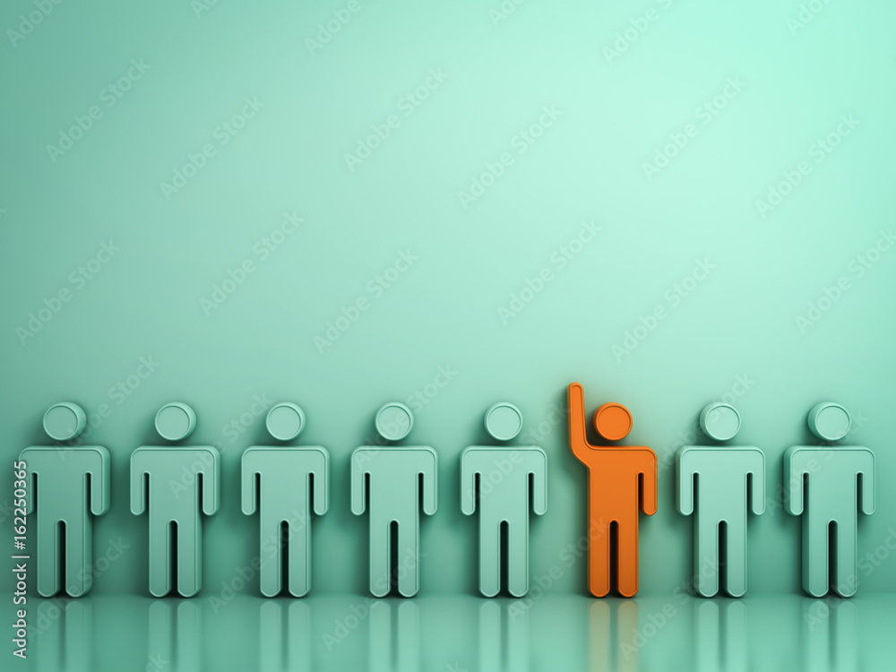 Poster stand out from the crowd and different concept , one orange man raising his hand among other people 