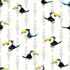Toucan pattern. Tropical seamless bird wallpaper.