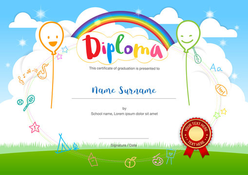 Colorful kids summer camp diploma certificate template in cartoon style with smiling balloon rainbow and sky