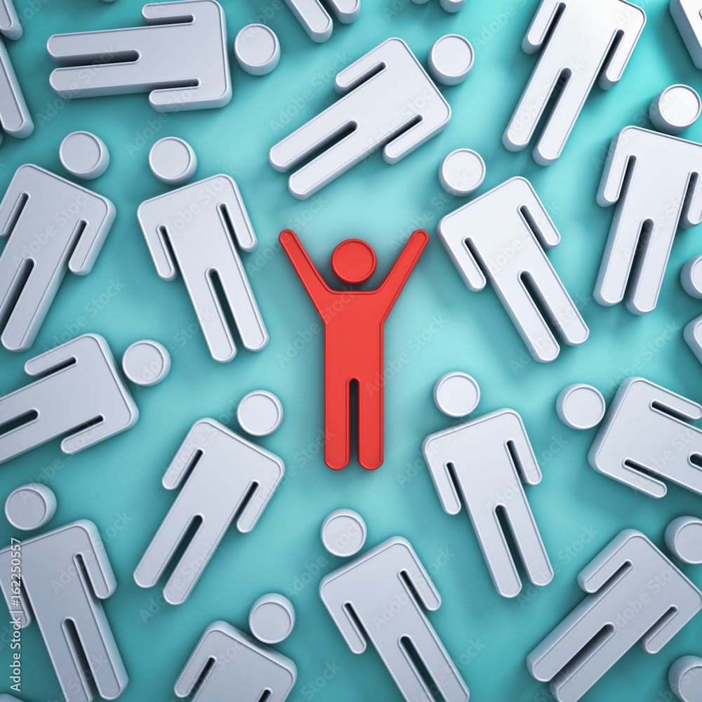 Fototapete stand out from the crowd and different creative idea concepts , one red man with arms wide open amon