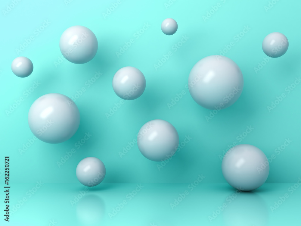 Aufkleber Abstract white flying 3d spheres on cyan background with reflection and shadows. 3D rendering.