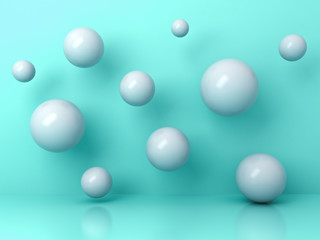 Abstract white flying 3d spheres on cyan background with reflection and shadows. 3D rendering.