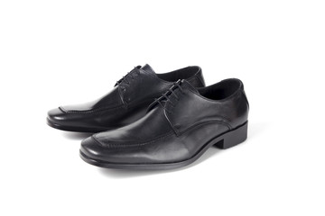 Male Black Classic Shoe on White Background, Isolated Product, Top View, Studio.