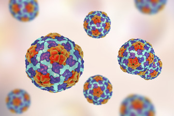 Heptitis A viruses on colorful background, 3D illustration