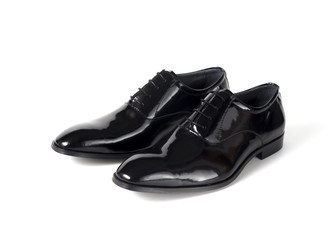 Male Black Classic Shoe on White Background, Isolated Product, Top View, Studio.