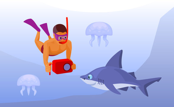 free diver with waterproof camera underwater, cartoon vector