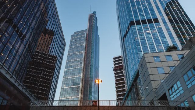 Day to Night Time-Lapse of London skyscrapers at Liverpool Street Station. The Heron Tower is in the middle.