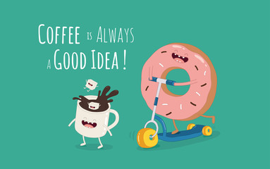 Cartoon comic coffee cup and donut. Take coffee and donut with you. Vector cartoon illustration. Coffee to go.