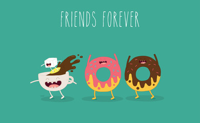 Cartoon comic coffee cup and donut. Take coffee and donut with you. Vector cartoon illustration. Coffee to go.