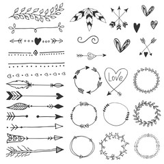 Arrows, hearts, ornament - handdrawn wedding decor elements in boho style. Vector collection. - 162253558
