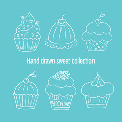 Hand drawn isolated birthday cake. Cute sweet vector bakery set.