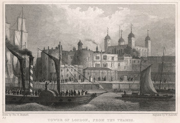 Tower of London and River Thames. Date: 1830