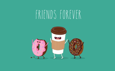 Cartoon comic coffee cup and donut. Take coffee and donut with you. Vector cartoon illustration. Coffee to go.