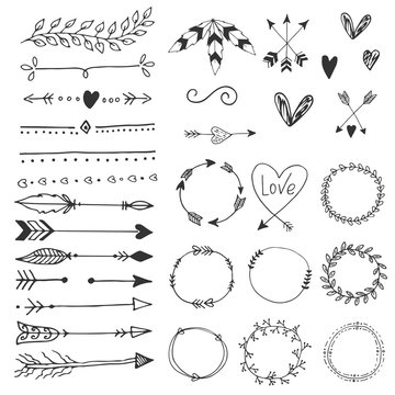 Arrows, hearts, ornament - handdrawn wedding decor elements in boho style. Vector collection.