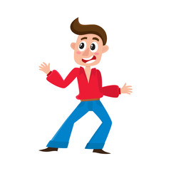 Young man in retro bell-bottomed trousers dancing dicso, cartoon vector illustration isolated on white background. Young man, guy with forelock dancing at retro disco party in bell-bottomed pants