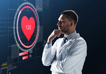 doctor or scientist in white coat with heart rate