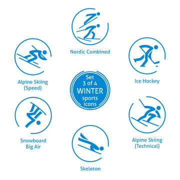Winter sports icons set, 3 of 4, vector pictograms