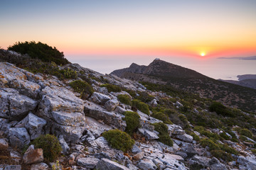 Sunset over mountains near Kamares village on Sifnos island, Greece.
