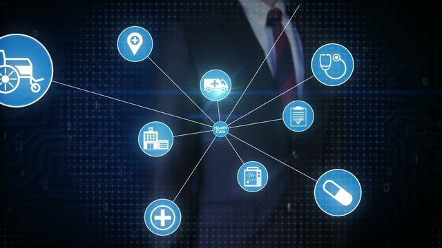 Businessman touching screen, Various Health care technology icon connect global world map, dots makes world map. internet of things.2.