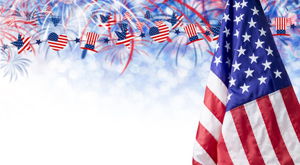 Obraz premium American flag and bokeh background with firework and copy space for 4 july independence day and other celebration