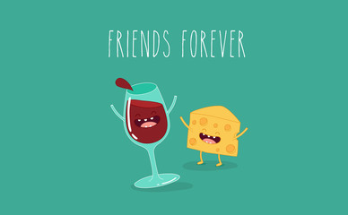 Vector cartoons of comic characters bottle of wine, glass of wine and cheese. Friends forever.