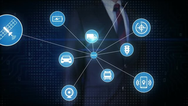 Businessman touching screen, Car internet of things technology icon connect global world map, dots makes world map.2.