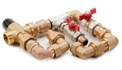 Set plumbing fittings, water tap and thermostaton, connection to the pipeline on a white background