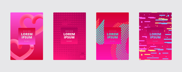 Abstract dynamic geometric vector background cover. Halftone dots. 3d hearts. Gradient covers.