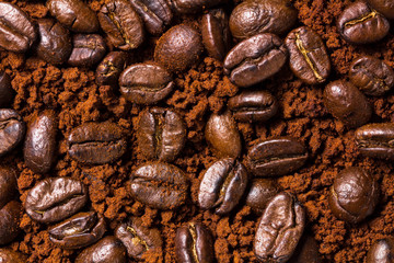 roasted coffee beans and powder