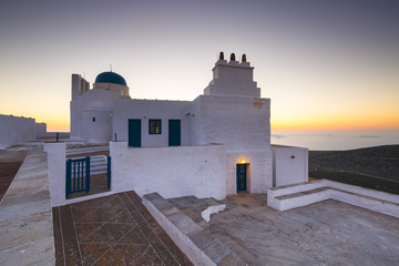 Church of Agios Symeon above Kamares village at sunset.
 - obrazy, fototapety, plakaty