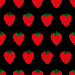 Seamless pattern with juicy strawberries on black background. Cute vector background. Bright summer fruits illustration. Fruit mix design for fabric and decor.Funny wallpaper for textile and fabric.