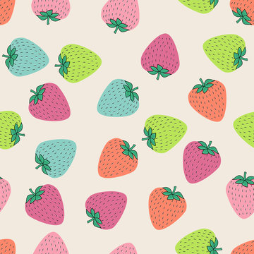 Seamless pattern with juicy strawberries on black background. Cute vector background. Bright summer fruits illustration. Fruit mix design for fabric and decor.Funny wallpaper for textile and fabric.
