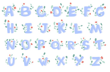 Vector hand-drawn alphabet with floral decoration. 3D doodle letters. ABC font for kids.