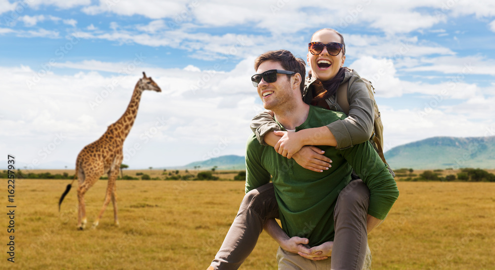 Canvas Prints smiling couple with backpacks traveling in africa