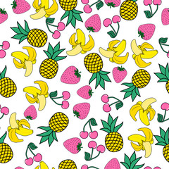 Seamless pattern with yellow bananas, pineapples and juicy strawberries on black background. Cute vector background. Bright summer fruits illustration. Fruit mix design for fabric and decor.
