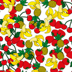 Seamless pattern with yellow bananas, pineapples and juicy strawberries on black background. Cute vector background. Bright summer fruits illustration. Fruit mix design for fabric and decor.