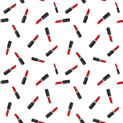 Obraz premium Lipstick with hearts on a striped background. Vector comic seamless pattern in pop art retro style. Abstract seamless pattern for girls, boys, clothes.