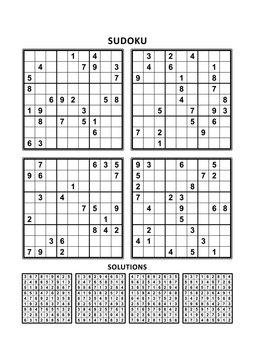Four sudoku puzzles of comfortable (easy, yet not very easy) level, on A4 or Letter sized page with margins, suitable for large print books, answers included. Set 3.

