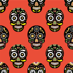 Cute kids pattern for girls and boys. Colorful skull, eyes on the abstract grunge background create a fun cartoon drawing.The background is made in red colors.Urban backdrop for textile and fabric