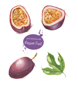 Hand-drawn watercolor illustration set of passion fruits isolated on the white background