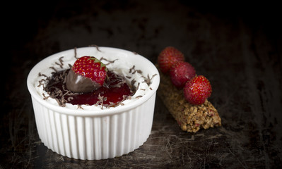Soufflé with strawberry and rice crunch bar.