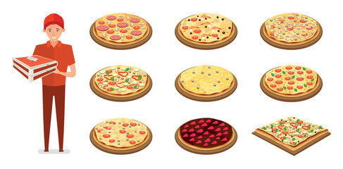 Types of Italian pizza with different fillings, person delivering pizza.