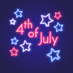 Glowing neon 4th July sign board. Vector illustration with stars and inscription.