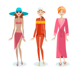 Set of girls in beach clothes, sports suit, home clothes.