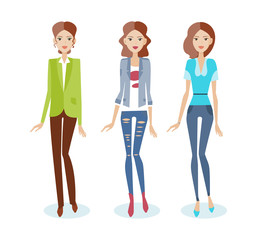 Obraz premium Set of girls in casual clothes, in suit, jeans, blouse.