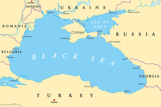 Black Sea and Sea of Azov region political map with capitals, most important cities, borders and rivers. Body of water between Eastern Europe and Western Asia. Illustration. English labeling. Vector.