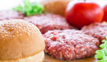 The raw ingredients for the homemade burger on country background.