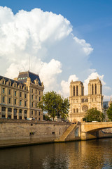 Fototapeta na wymiar Notre-Dame cathedral in Paris and the Police headquarters under a warm sunlight with the river Seine in the foreground.