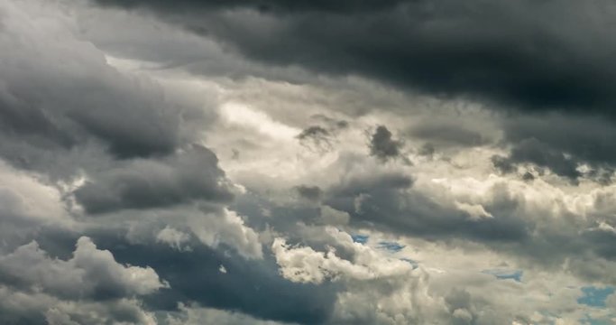 Time lapse clip of gray fluffy curly rolling clouds before storm